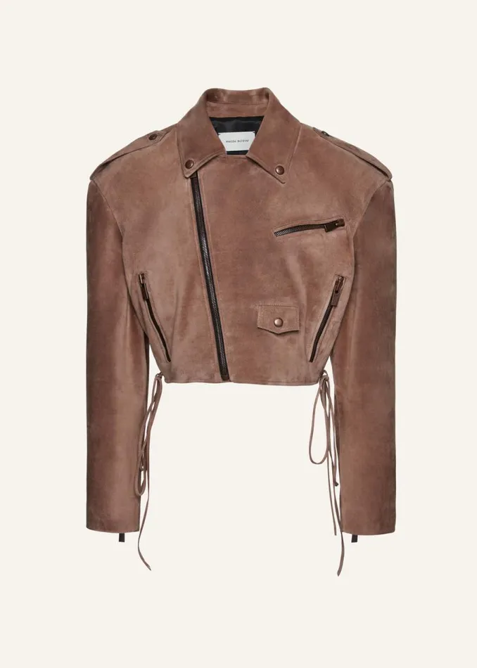 Shop Magda Butrym Leather And Shearling Cropped Suede Biker Jacket In Brown