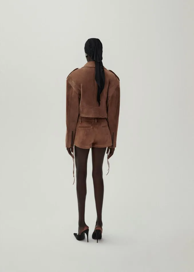 Shop Magda Butrym Leather And Shearling Cropped Suede Biker Jacket In Brown Shop Magda Butrym Leather And Shearling Cropped Suede Biker Jacket In Brown