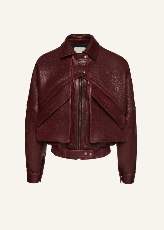 Shop Magda Butrym Leather And Shearling Vintage Leather Bomber Jacket In Embossed Burgundy