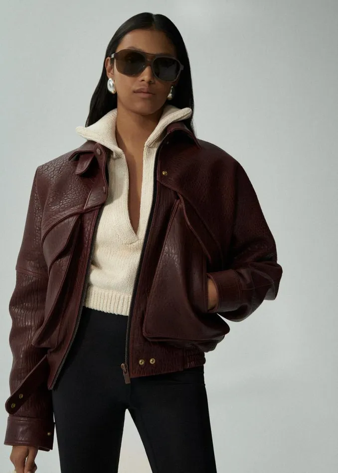 Shop Magda Butrym Leather And Shearling Vintage Leather Bomber Jacket In Embossed Burgundy Shop Magda Butrym Leather And Shearling Vintage Leather Bomber Jacket In Embossed Burgundy