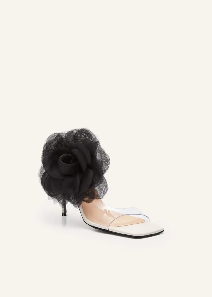 Shop Magda Butrym Shoes Organza Flower PVC Sandals In Cream Black Shop Magda Butrym Shoes Organza Flower PVC Sandals In Cream Black