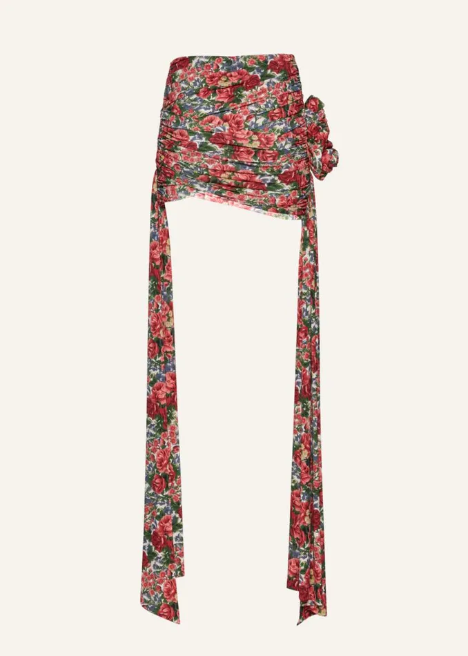 Shop Magda Butrym Skirts Double Sash Draped Mini Skirt In Red Floral Print Shop Magda Butrym Skirts Double Sash Draped Mini Skirt In Red Floral Print