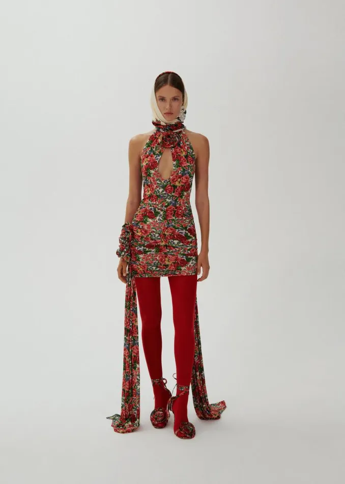 Shop Magda Butrym Skirts Double Sash Draped Mini Skirt In Red Floral Print Shop Magda Butrym Skirts Double Sash Draped Mini Skirt In Red Floral Print