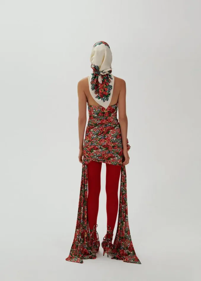 Shop Magda Butrym Skirts Double Sash Draped Mini Skirt In Red Floral Print Shop Magda Butrym Skirts Double Sash Draped Mini Skirt In Red Floral Print