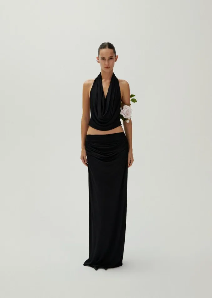 Shop Magda Butrym Skirts Draped Low Waist Midi Skirt In Black Shop Magda Butrym Skirts Draped Low Waist Midi Skirt In Black