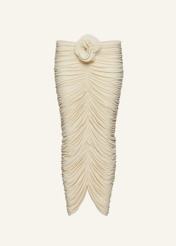 Shop Magda Butrym Skirts Ruched Rose Appliqu Midi Skirt In Beige