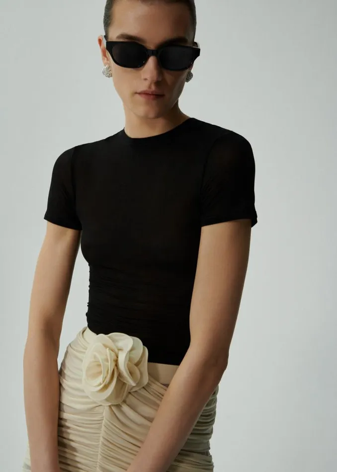 Shop Magda Butrym Skirts Ruched Rose Appliqu Midi Skirt In Beige Shop Magda Butrym Skirts Ruched Rose Appliqu Midi Skirt In Beige
