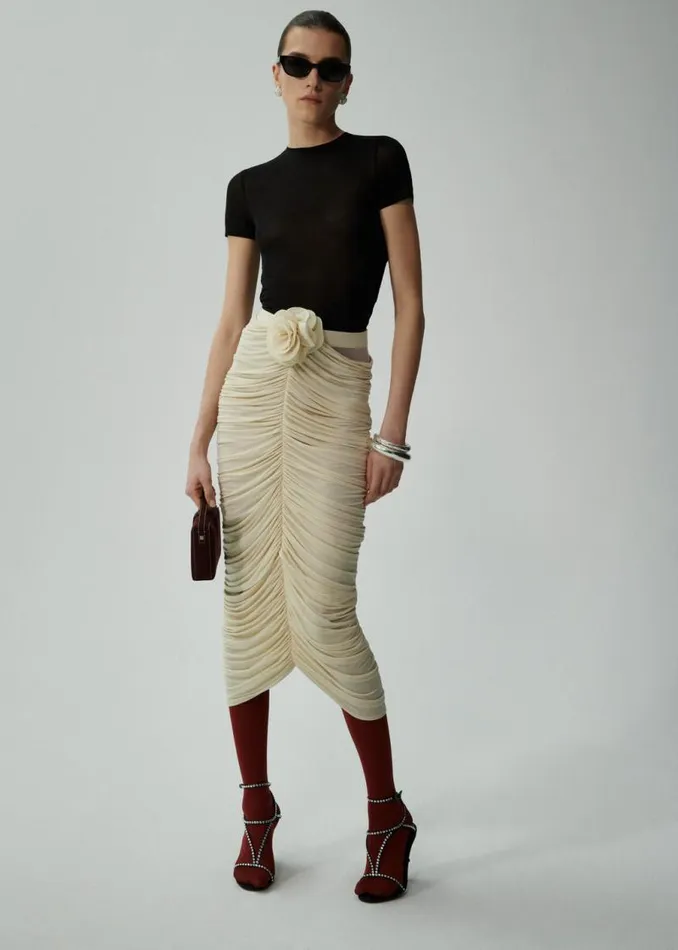 Shop Magda Butrym Skirts Ruched Rose Appliqu Midi Skirt In Beige Shop Magda Butrym Skirts Ruched Rose Appliqu Midi Skirt In Beige