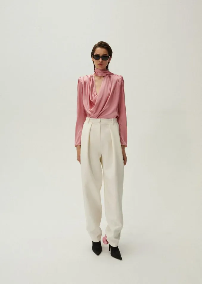 Shop Magda Butrym Tops Long Sleeve Draped Silk Blouse In Pink Shop Magda Butrym Tops Long Sleeve Draped Silk Blouse In Pink