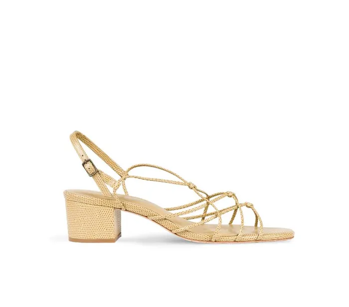 Shop REVE BLOCK HEEL SANDAL Tan Faux Lizard DEN Footwear
