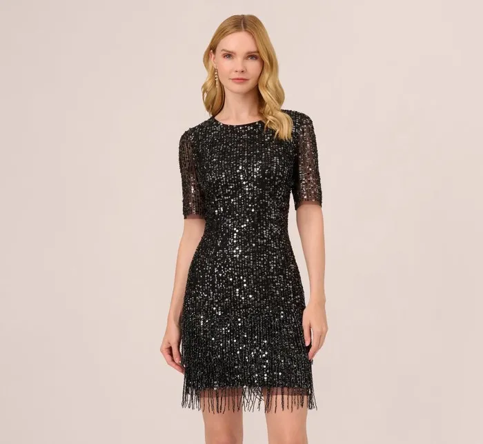 Short Dresses Womens Adrianna Papell Beaded Fringe Dress With Sheer Short Sleeves In Black
