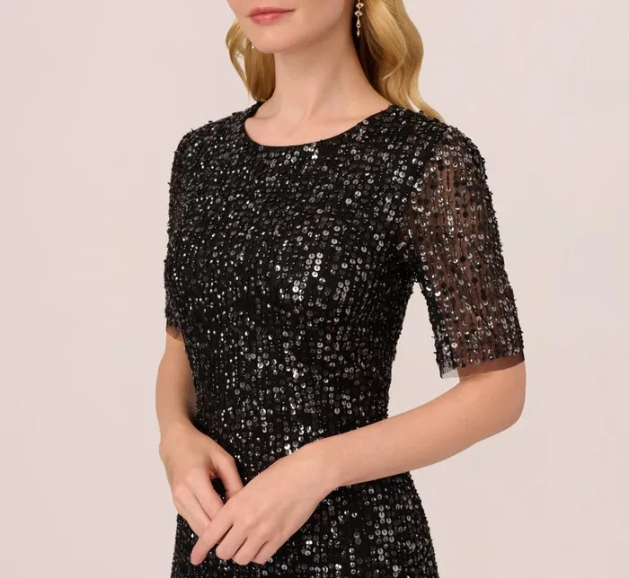 Short Dresses Womens Adrianna Papell Beaded Fringe Dress With Sheer Short Sleeves In Black