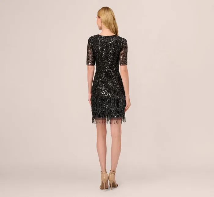 Short Dresses Womens Adrianna Papell Beaded Fringe Dress With Sheer Short Sleeves In Black