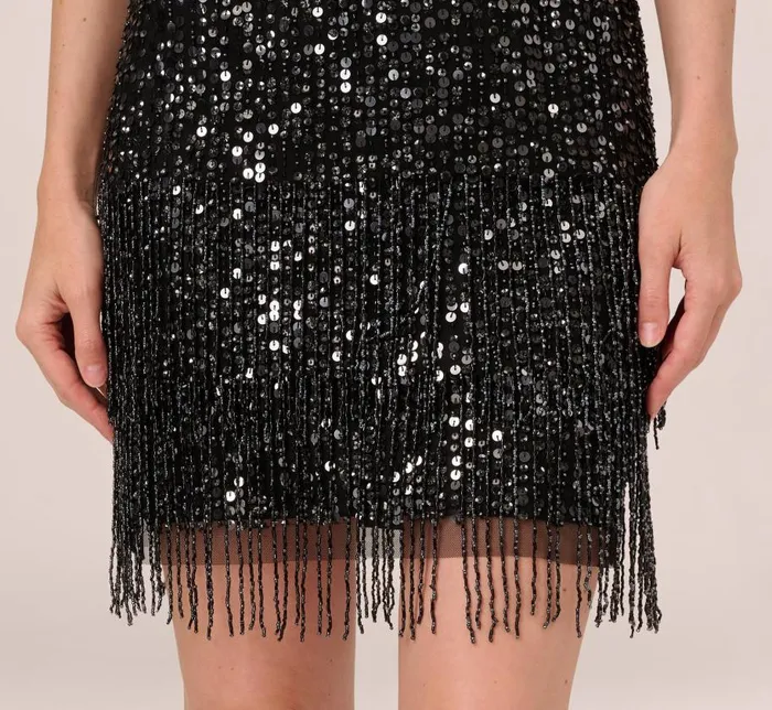 Short Dresses Womens Adrianna Papell Beaded Fringe Dress With Sheer Short Sleeves In Black