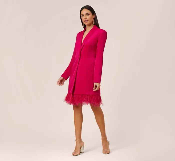 Short Dresses Womens Adrianna Papell Charmeuse Tuxedo Short Sheath Cocktail Dress With Feather Trim In Bright Rose