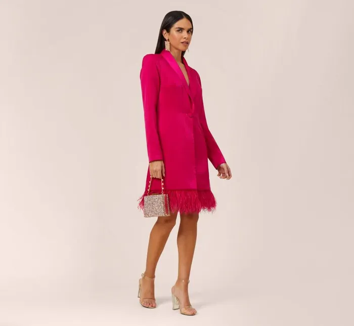 Short Dresses Womens Adrianna Papell Charmeuse Tuxedo Short Sheath Cocktail Dress With Feather Trim In Bright Rose