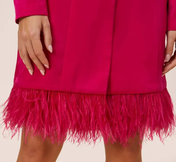 Short Dresses Womens Adrianna Papell Charmeuse Tuxedo Short Sheath Cocktail Dress With Feather Trim In Bright Rose
