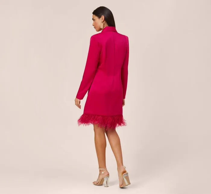 Short Dresses Womens Adrianna Papell Charmeuse Tuxedo Short Sheath Cocktail Dress With Feather Trim In Bright Rose