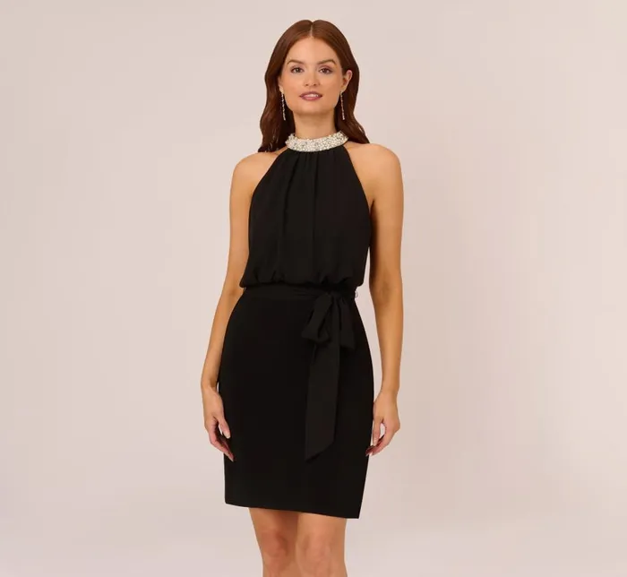 Short Dresses Womens Adrianna Papell Jersey Blouson Dress With Pearl Mock Neck And Tie Waist In Black Short Dresses Womens Adrianna Papell Jersey Blouson Dress With Pearl Mock Neck And Tie Waist In Black