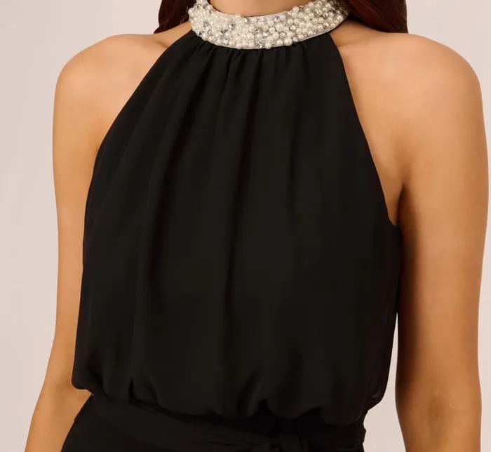 Short Dresses Womens Adrianna Papell Jersey Blouson Dress With Pearl Mock Neck And Tie Waist In Black