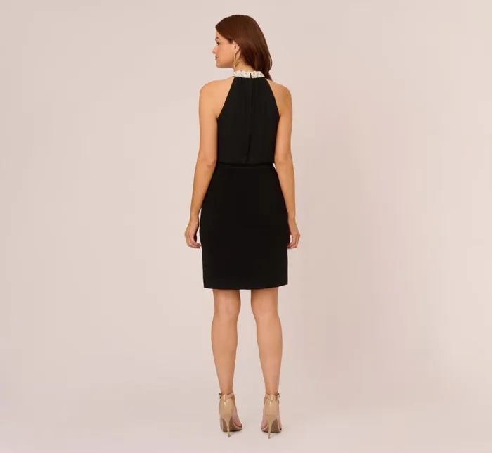 Short Dresses Womens Adrianna Papell Jersey Blouson Dress With Pearl Mock Neck And Tie Waist In Black