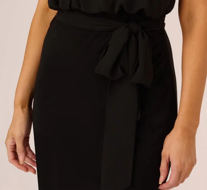 Short Dresses Womens Adrianna Papell Jersey Blouson Dress With Pearl Mock Neck And Tie Waist In Black