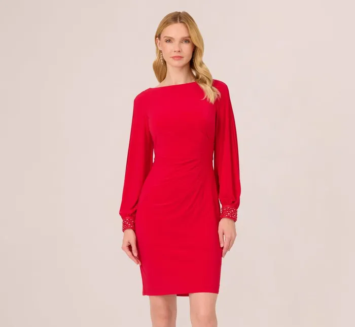 Short Dresses Womens Adrianna Papell Long Sleeve Draped Jersey Dress With Beaded Cuffs In Hot Ruby Short Dresses Womens Adrianna Papell Long Sleeve Draped Jersey Dress With Beaded Cuffs In Hot Ruby