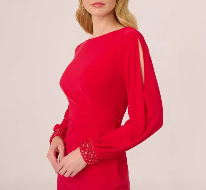 Short Dresses Womens Adrianna Papell Long Sleeve Draped Jersey Dress With Beaded Cuffs In Hot Ruby