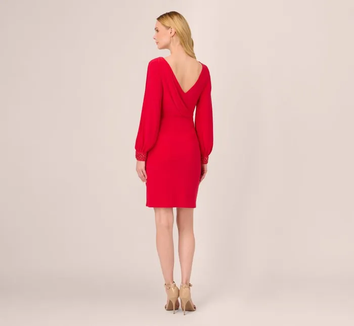 Short Dresses Womens Adrianna Papell Long Sleeve Draped Jersey Dress With Beaded Cuffs In Hot Ruby