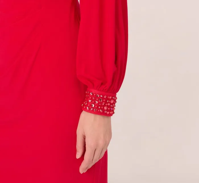 Short Dresses Womens Adrianna Papell Long Sleeve Draped Jersey Dress With Beaded Cuffs In Hot Ruby
