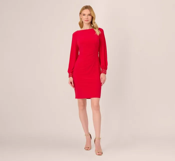 Short Dresses Womens Adrianna Papell Long Sleeve Draped Jersey Dress With Beaded Cuffs In Hot Ruby