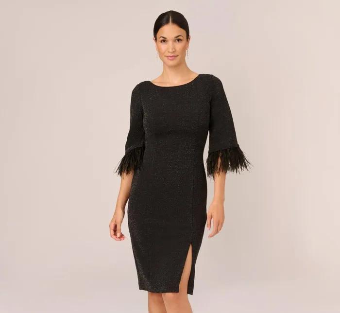 Short Dresses Womens Adrianna Papell Metallic Knit Sheath Dress With Feather Trim Sleeves In Black Short Dresses Womens Adrianna Papell Metallic Knit Sheath Dress With Feather Trim Sleeves In Black