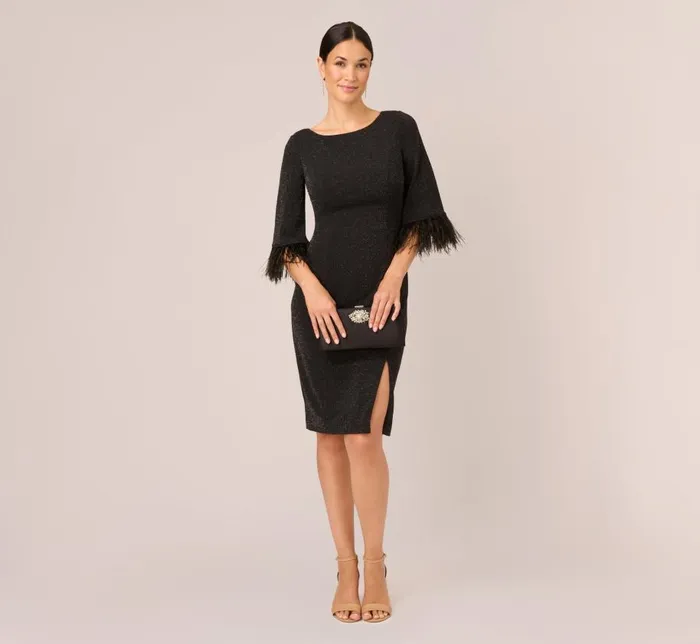 Short Dresses Womens Adrianna Papell Metallic Knit Sheath Dress With Feather Trim Sleeves In Black