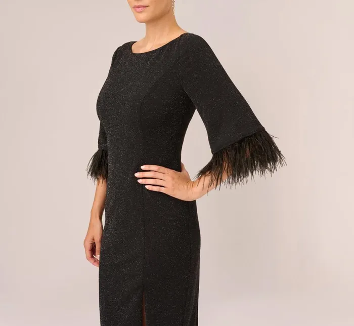 Short Dresses Womens Adrianna Papell Metallic Knit Sheath Dress With Feather Trim Sleeves In Black