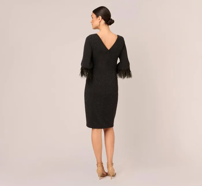 Short Dresses Womens Adrianna Papell Metallic Knit Sheath Dress With Feather Trim Sleeves In Black