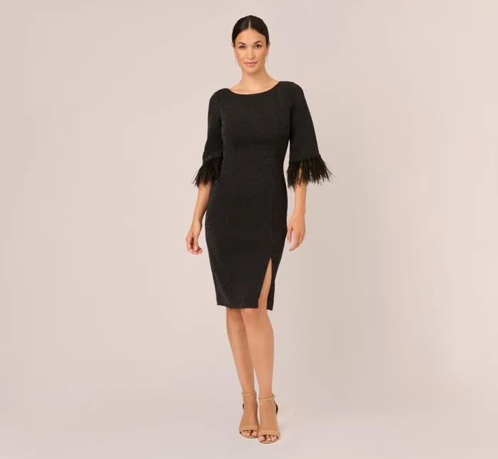Short Dresses Womens Adrianna Papell Metallic Knit Sheath Dress With Feather Trim Sleeves In Black