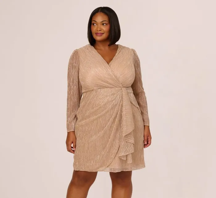 Short Dresses Womens Adrianna Papell Plus Size Metallic Long Sleeve Dress With Draped Details In Light Gold Short Dresses Womens Adrianna Papell Plus Size Metallic Long Sleeve Dress With Draped Details In Light Gold