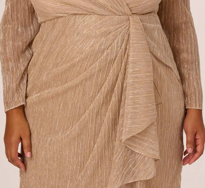 Short Dresses Womens Adrianna Papell Plus Size Metallic Long Sleeve Dress With Draped Details In Light Gold