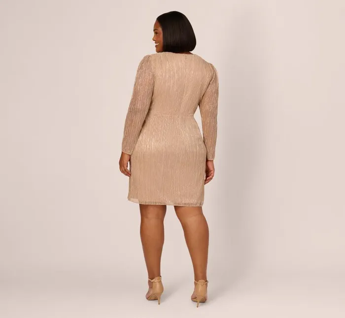 Short Dresses Womens Adrianna Papell Plus Size Metallic Long Sleeve Dress With Draped Details In Light Gold