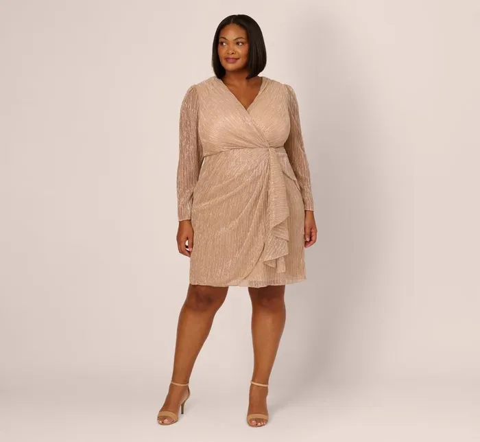Short Dresses Womens Adrianna Papell Plus Size Metallic Long Sleeve Dress With Draped Details In Light Gold