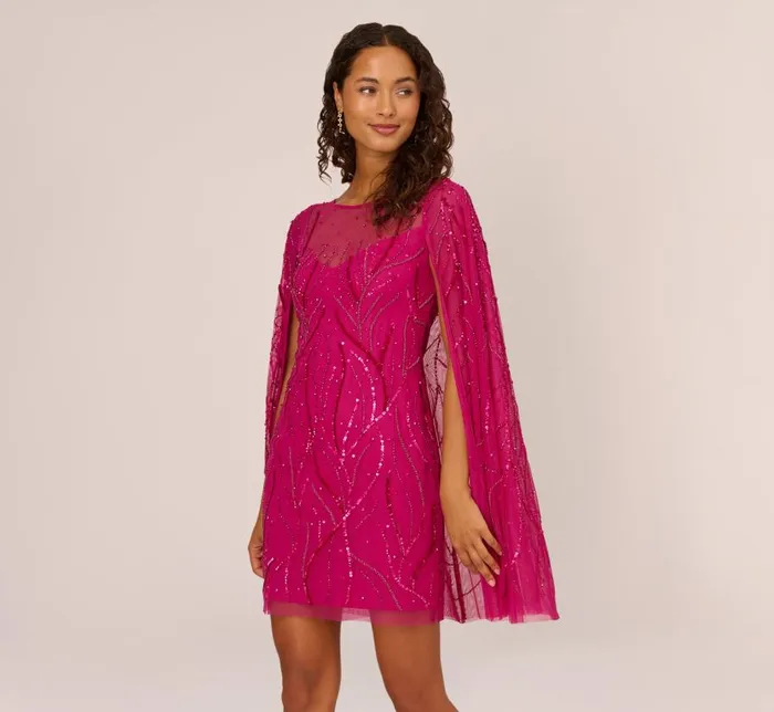 Short Dresses Womens Adrianna Papell Sequin Beaded Cape Dress With Illusion Neckline In Hot Orchid