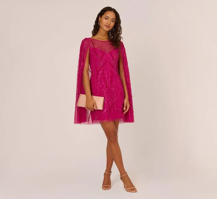 Short Dresses Womens Adrianna Papell Sequin Beaded Cape Dress With Illusion Neckline In Hot Orchid
