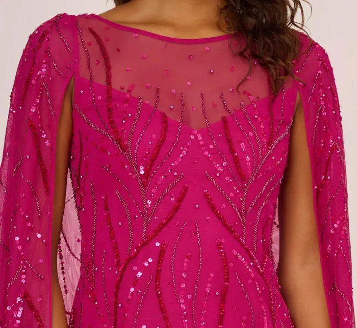 Short Dresses Womens Adrianna Papell Sequin Beaded Cape Dress With Illusion Neckline In Hot Orchid