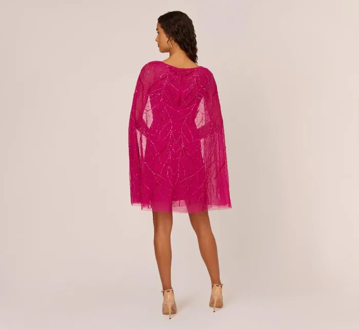 Short Dresses Womens Adrianna Papell Sequin Beaded Cape Dress With Illusion Neckline In Hot Orchid