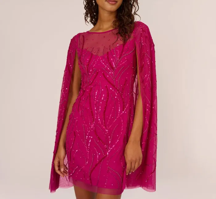 Short Dresses Womens Adrianna Papell Sequin Beaded Cape Dress With Illusion Neckline In Hot Orchid