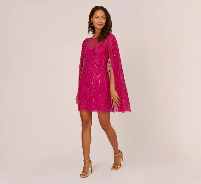 Short Dresses Womens Adrianna Papell Sequin Beaded Cape Dress With Illusion Neckline In Hot Orchid