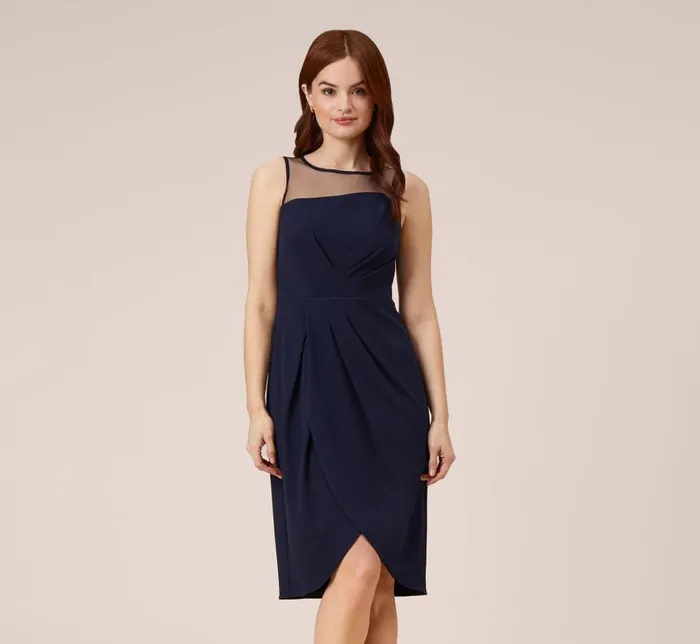 Short Dresses Womens Adrianna Papell Stretch Knit Crepe Draped Illusion Short Faux Wrap Dress In Midnight