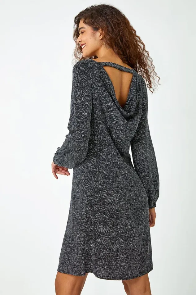 Silver Glitter Cowl Cutout Swing Stretch Dress Women Roman Dresses
