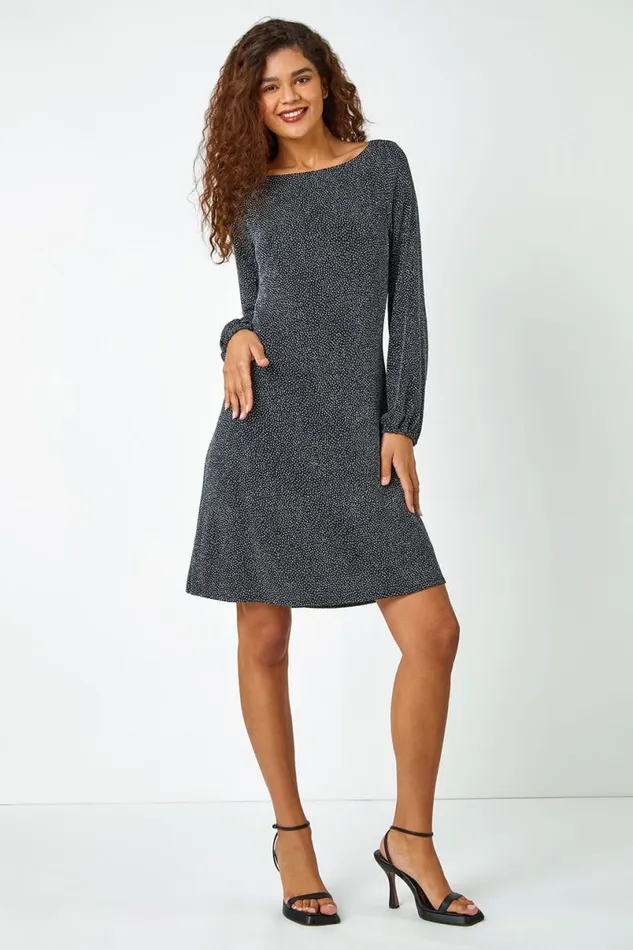 Silver Glitter Cowl Cutout Swing Stretch Dress Women Roman Dresses
