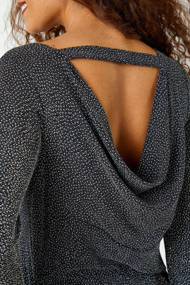 Silver Glitter Cowl Cutout Swing Stretch Dress Women Roman Dresses